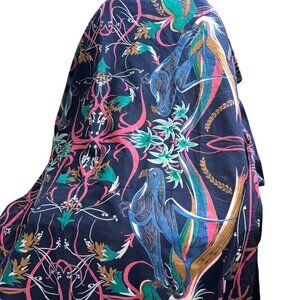 Vintage rich blues tropical bird print pareo scarf wrap 52x49